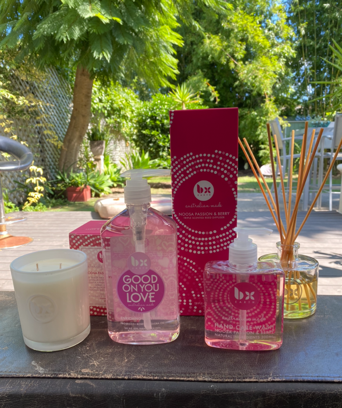 Pink Heaven combo pack with our Noosa passion berry candle, reed diffuser, matching hand wash and our Good on you Love body wash